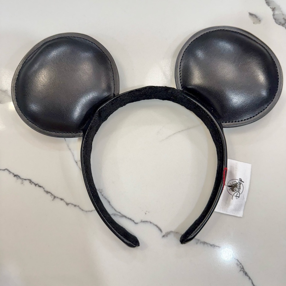 Authentic Disney Park Mickey Mouse Solid Black Faux Leather Ear Headband